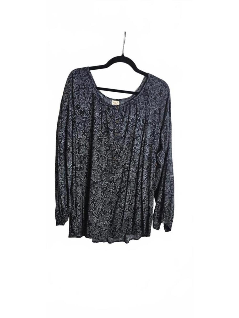 Plus Black Paisley Print Rayon Henley Blouse XXL/2XG - NWT